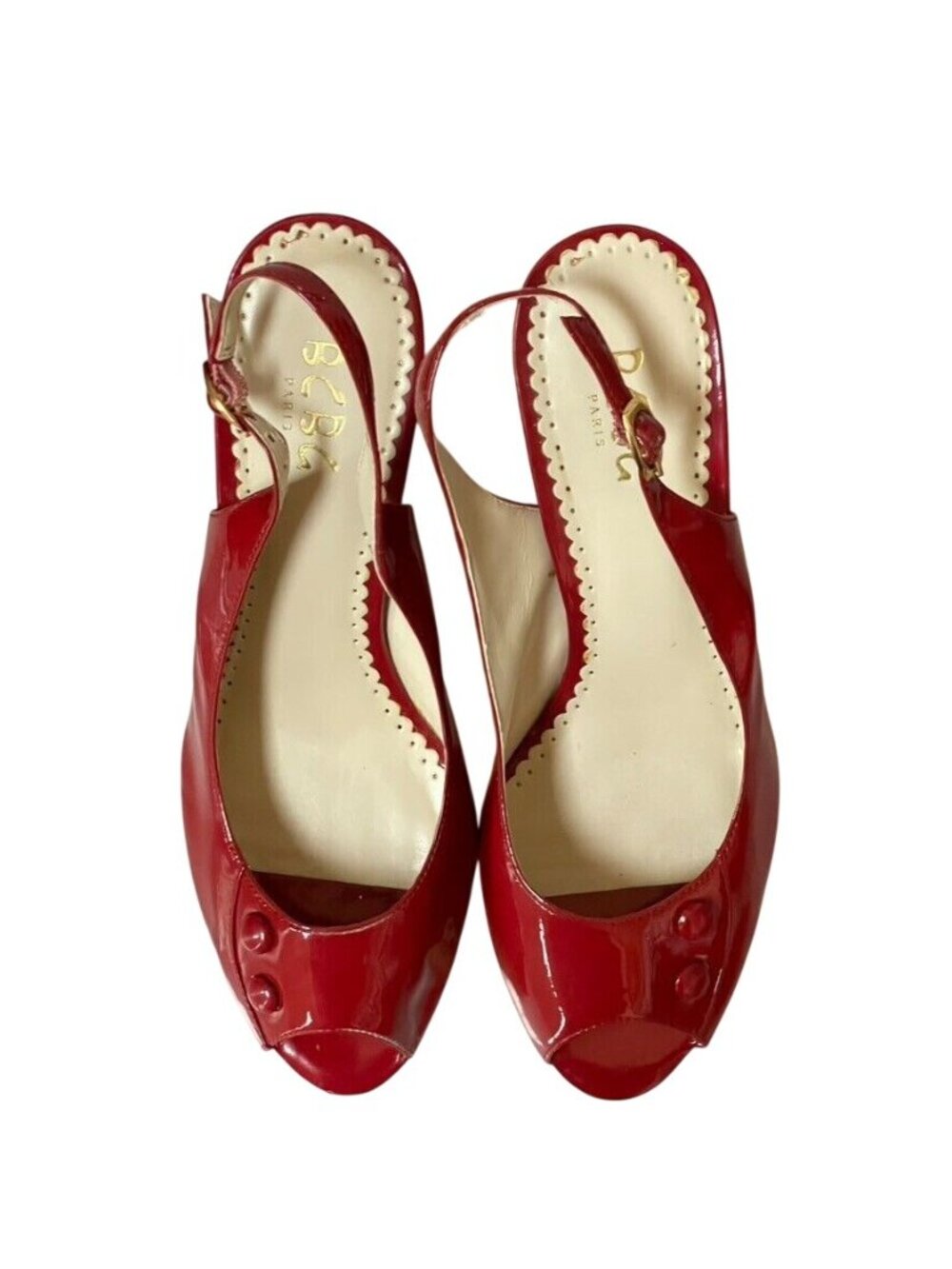 BCBG Paris Red Patent Leather Peep-Toe Slingback Heels With Cork Wedge Size 9B - Picture 3 of 12